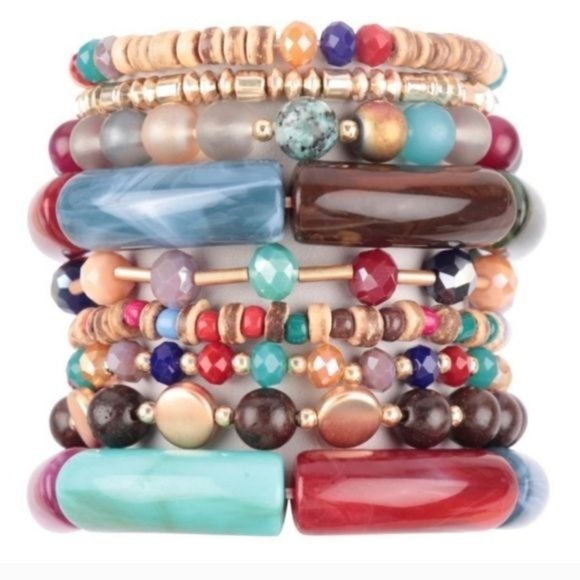TUBULAR WOOD RONDELL CHARM STACKER BRACELET SET. NEW - Picture 1 of 3